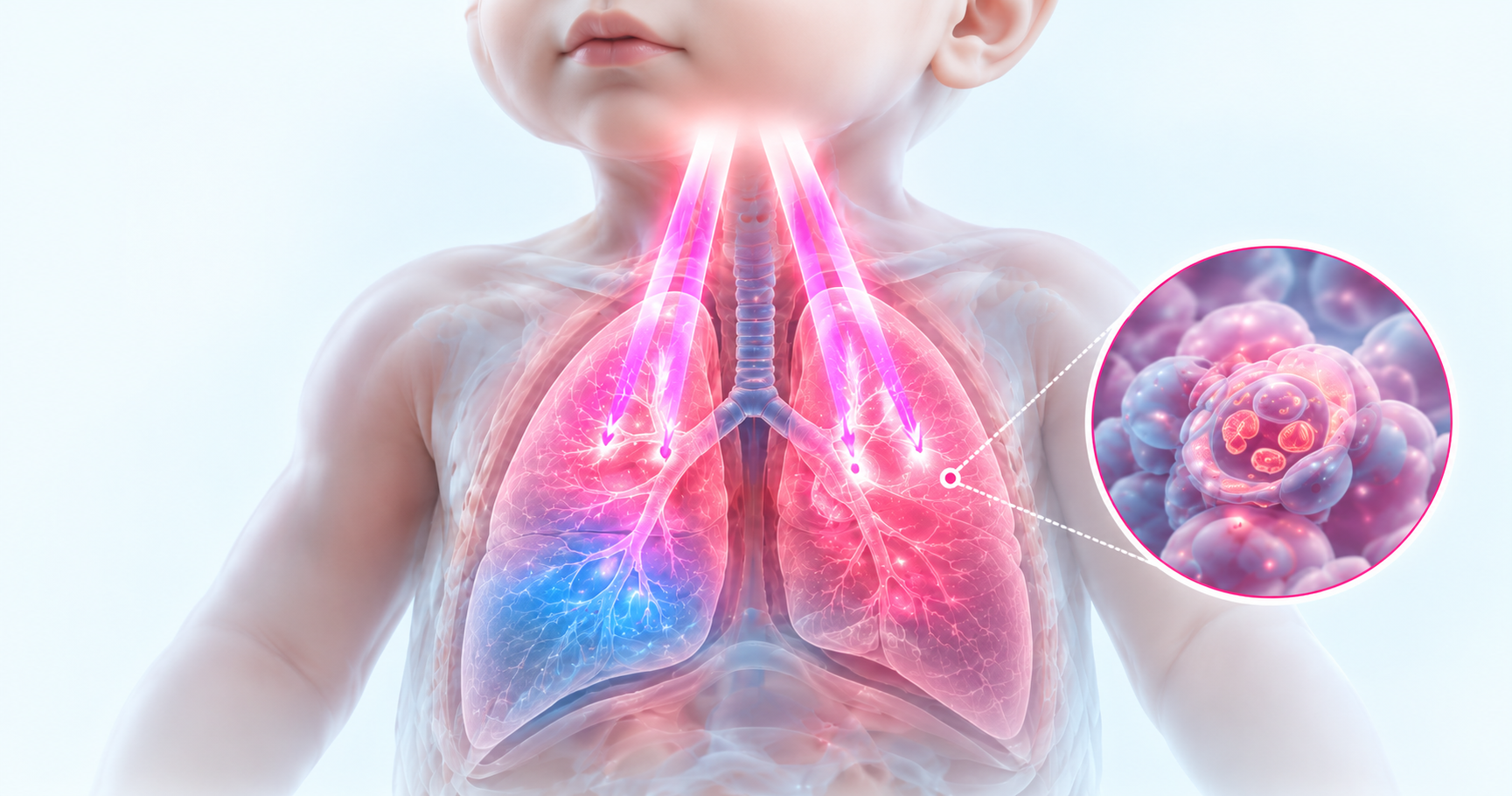 Ilustração conceptual de luz NIR na região pulmonar neonatal e detalhe celular.